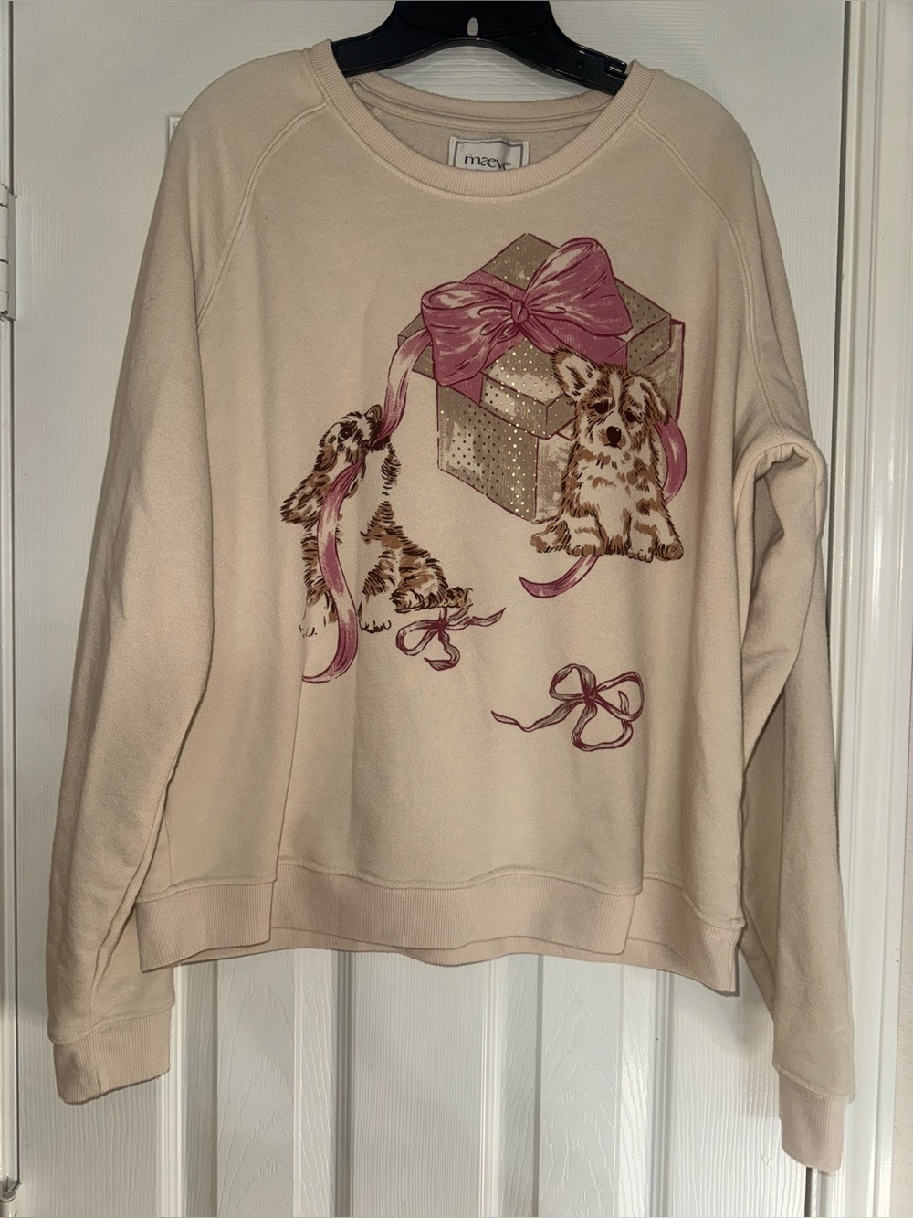 Maeve Cream Graphic Pullover Sweater with Pink Bow and Puppies